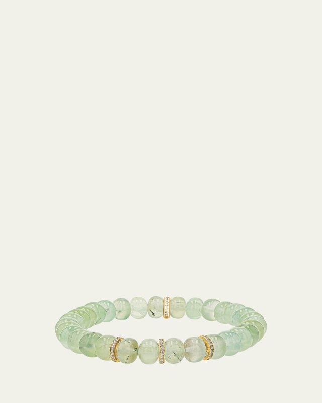 14K Yellow Gold Prehnite 8mm Bead Bracelet with 3 Diamond Rondelles